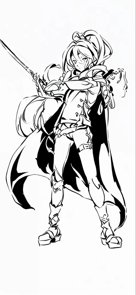 a drawing，A blond man in a cloak and holding a sword, bold lineart, sharp lineart, clean lineart, thick black lineart, thick lineart, extremely fine ink lineart, perfect lineart, linear art, Simple lines of art, Line art!!, black and white line art, boromi...