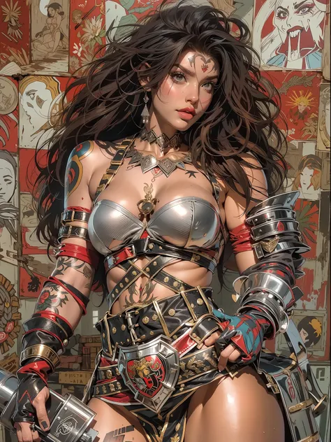 (((mulher))), (((melhor qualidade))), (((obra prima))), (((adulta))), Uma guerreira mulher de 35 anos com corpo perfeito, Brooklyn Gladiators, (( under boobs )), quase nua no estilo selvagem urbano de Simon Bisley para a capa da revista Heavy Metal, cabelo...