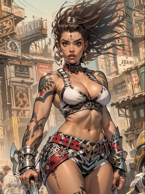 (((mulher))), (((melhor qualidade))), (((obra prima))), (((adulta))), Uma guerreira mulher de 35 anos com corpo perfeito, Brooklyn Gladiators, (( under boobs )), quase nua no estilo selvagem urbano de Simon Bisley para a capa da revista Heavy Metal, cabelo...