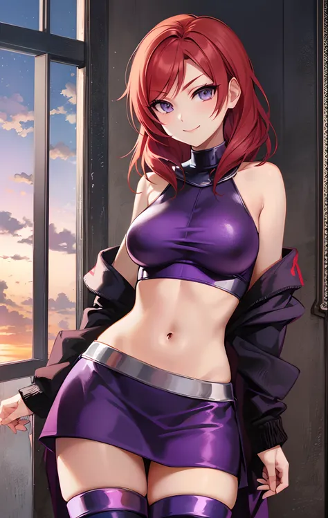 nishikino maki, purple eyes,red hair, skirt, crop top, purple thighhighs, bare shoulders, smile