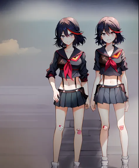 masterpiece, best quality, ultra-detailed, illustration,bandaid,matoi_ryuuko:1.3, bandaid_on_face,1girl,black_hair,injury,bandaid_on_leg,bandages,bandaid_on_nose,suspenders,multicolored_hair,bruise,skirt,bandage_on_face,short_hair,red_hair,serafuku,streake...