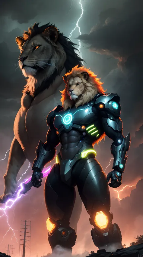 In a dystopian future where technology and nature collide, Imagina una vista extraordinaria: An enraged lion transformed into a formidable cyberpunk warrior. Set against the backdrop of a tumultuous and stormy landscape, This cybernetic feline guardian exu...