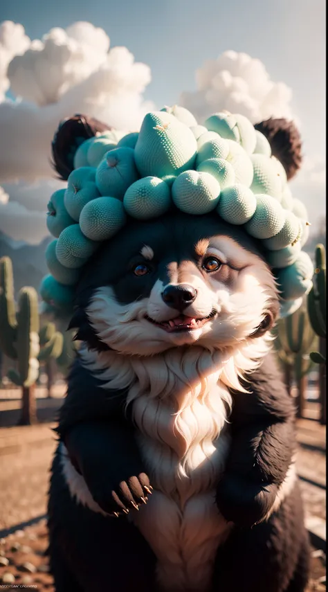 DreamShaper:3.2, Photography, BotanicalUSA, A cactus As a fluffy Himalayan bear, blue clouds, soft Light, bokeh , fog, macro, no add human