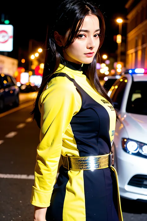 (dilraba:1),looking at viewer,cute, (national costume)1girl, (police woman:1), uniform, night street, lighting on face, bright b...