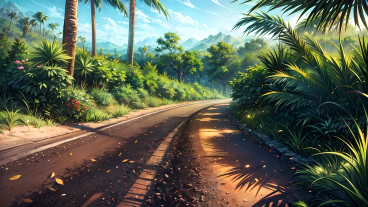 create a highly realistic image of a road, with a desert on one side and a rainforest on the other side. make sure the image cap...