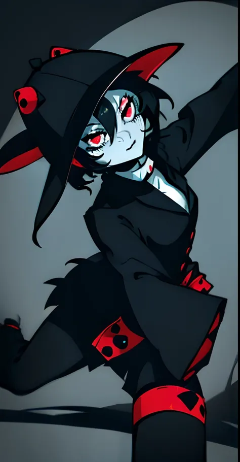 a close up of a cartoon character with a black bunny hat and a black outfit, roblox avatar, epic 3 d abstract emo girl, pitchblack skin, gapmoe yandere grimdark, red and black costume!!!, dark demonic dancer, by :5 sexy: 7, punk grim reaper, mall goth, sin...