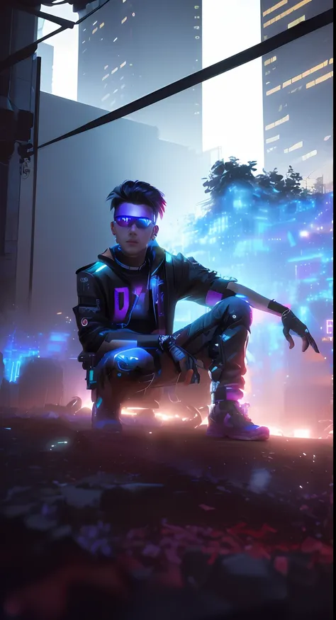 3D Cyberpunk handsome boy ultra realistic with dog 4k+HDR