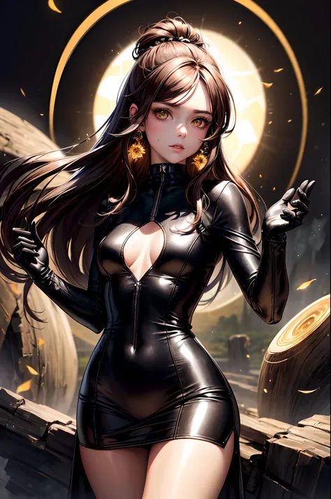 (highres, ultra detailed), masterpiece, best quality, a beautiful 25 years old woman in black leather outfit with gloves, cute, solo, long hair, brown hair, amber eye, glowing eye, athletic, glow effect, finely eye, detailed face, looking at viewer, black ...