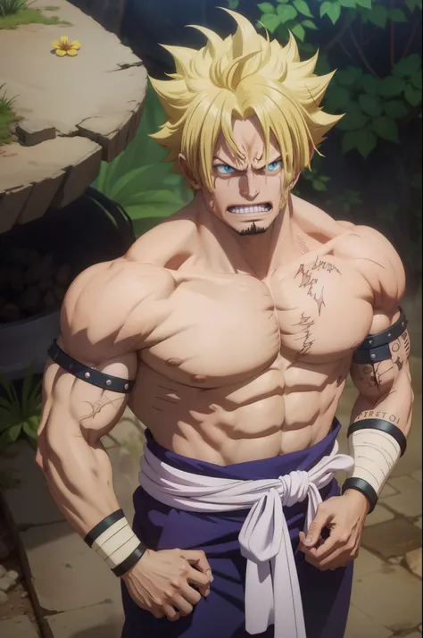 Pigman Pigman， 1boy， irate， combat damage， blond hairbl， blue sash， clench ones teeth， irate， green-eyed， malefocus， musculous， big muscular male， chest muscle， obi strip， 独奏， spiked hair， SuperSaiyan， Super Saiyan 1， teeth， Topless male， torn laundry， Wri...