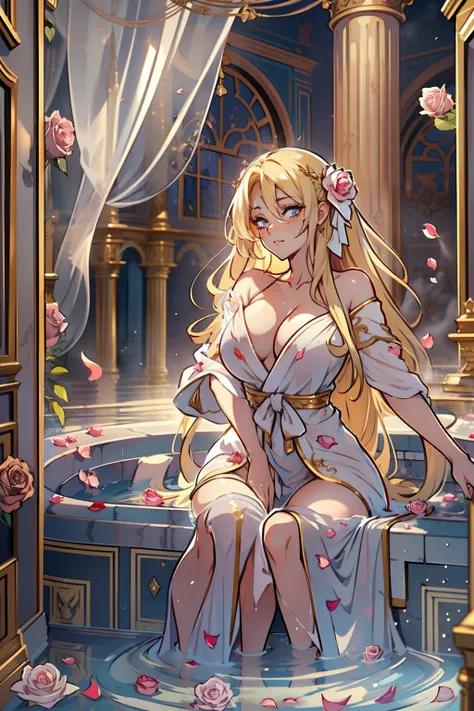(nsfw 1.1), ((1girl)), ((masterpiece)), realistic, ((highly detailed:1.3)), beautiful princess bathing in a marble tub, ((very long blonde hair)), wet hair, wearing a sheer bathrobe, clothed bathing, ivorygoldai, royal palace bathroom setting, steam, ornat...