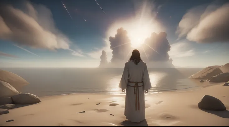 Jesus standing with a kiss robe, in a deserted place with the Twelve disciples, 0s twelve apostles talking about teachings. centenas de pessoas ao fundo ouvemao fundo o mar e nuvens nebulosas. imagem realista unreal engine 5.