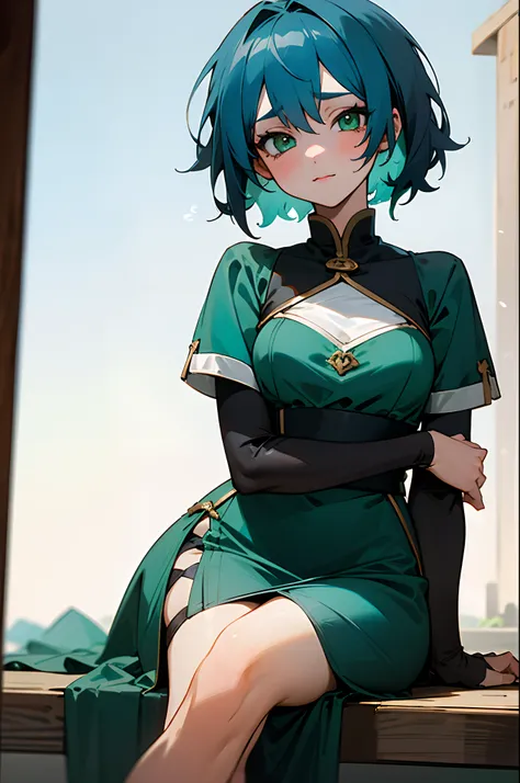 Anime girl with blue short disheveled hair and green eyes, wearing short medieval beautifull dress, sitting on the road, medieval, old town, perfect face, cute face, ultrasharp, 8k, masterpiece, seductive girl, perfect eyes,