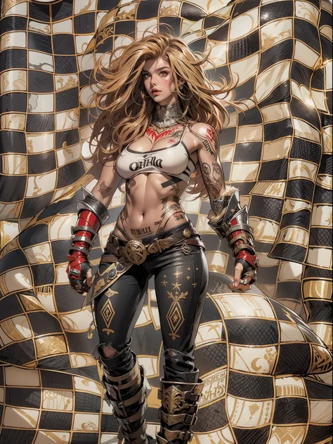 (((mulher))), (((melhor qualidade))), (((obra prima))), (((adulta))), Uma guerreira mulher de 35 anos com corpo perfeito, Brooklyn Gladiators, (( under boobs )), quase nua no estilo selvagem urbano de Simon Bisley para a capa da revista Heavy Metal, cabelo...