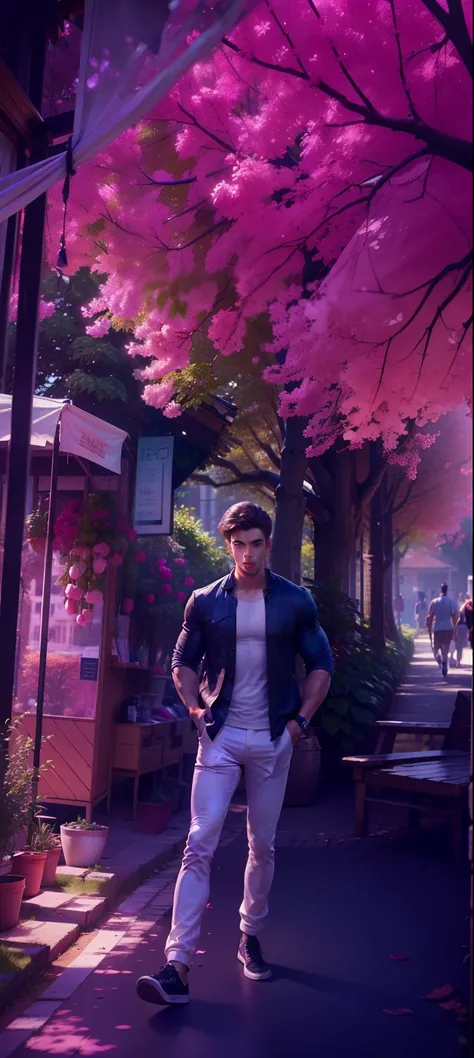 Best quality, super high resolution, (Realistic:1.4), masterpiece, blurred background , muscles, solo, 1 boy, young man , standing, white skin, wearing shirt, posing, facial focus, smile, shut up, walk through the trees of the city