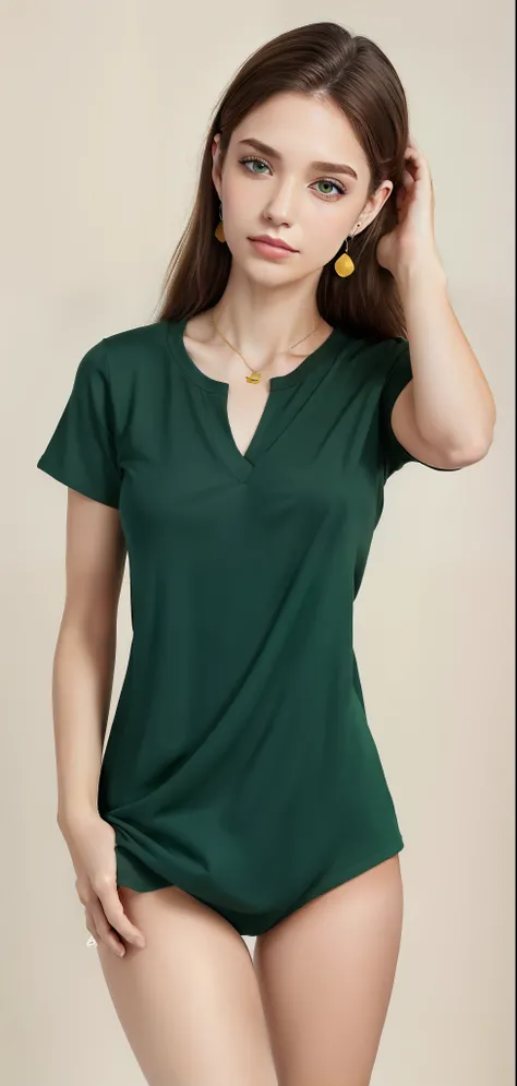 Mulher linda de camisa verde e bermuda andando pela rua, camisa verde, roupas verdes, roupas verdes, verde e amarelo, vestindo roupas verdes, vestindo uma camiseta, verde e ouro, roupas verdes casuais, usando um top bonito, ouro e verde, em uma camisa verd...