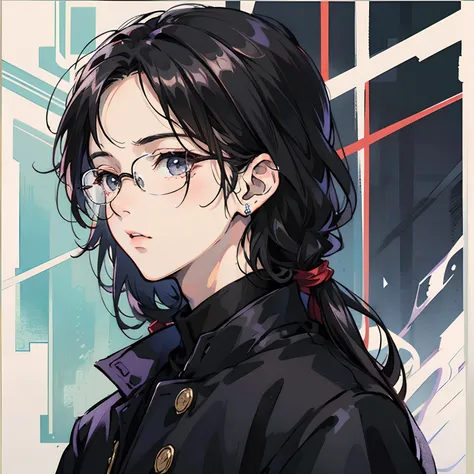 A boy with，black color hair，pretty，high and cold，年轻，Half-tied medium-long hairstyle，large tall，mature ，wears glasses