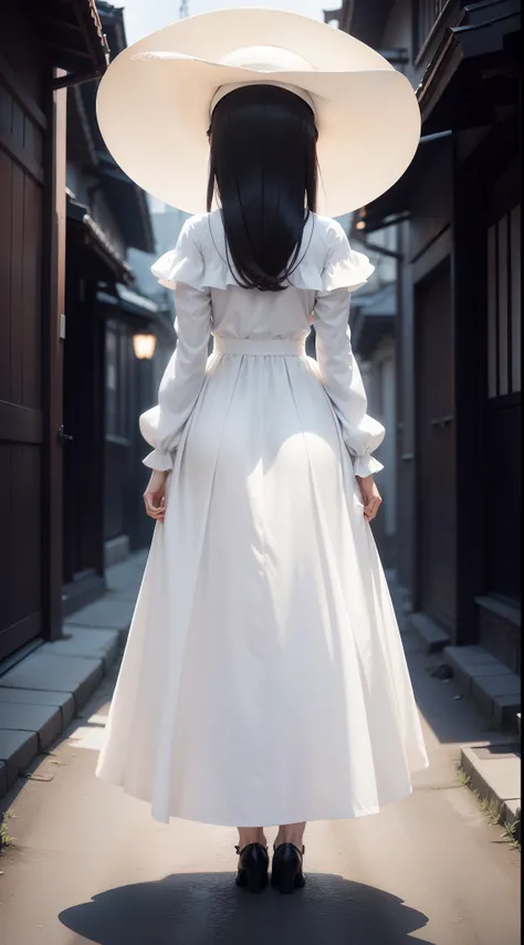 1 anime girl, Horror, terroral, Hasshaksama, Very tall girl, White Dress, a wide-brimmed hat, hide face, view back, Full body