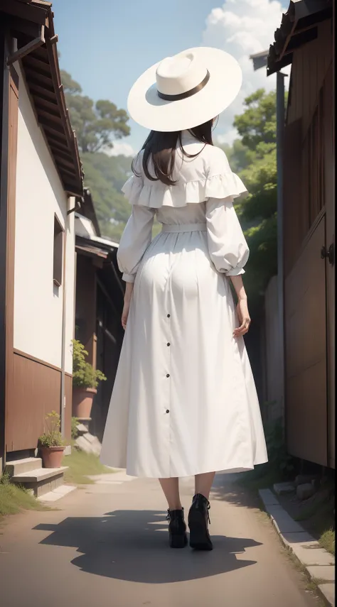 1 anime girl, Horror, terroral, Hasshaksama, Very tall girl, White Dress, a wide-brimmed hat, hide face, view back, Full body