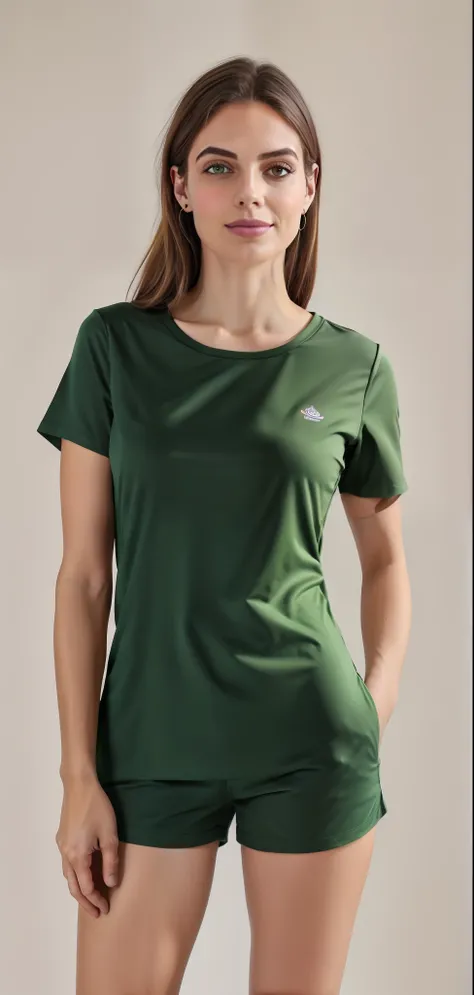 Mulher linda de camisa verde e bermuda andando pela rua, camisa verde, roupas verdes, roupas verdes, verde e amarelo, vestindo roupas verdes, vestindo uma camiseta, verde e ouro, roupas verdes casuais, usando um top bonito, ouro e verde, em uma camisa verd...