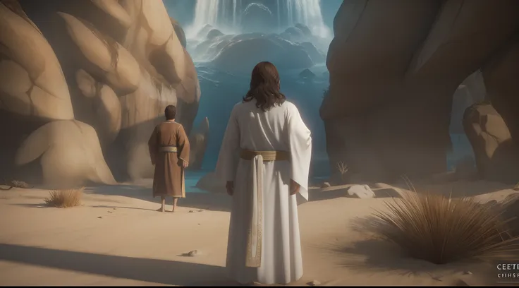 Jesus standing with a kiss robe, in a deserted place with the Twelve disciples, 0s twelve apostles talking about teachings. centenas de pessoas ao fundo ouvemao fundo o mar e nuvens nebulosas. imagem realista unreal engine 5.