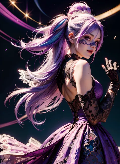 1girl, white hair with purple fade, multicolored hair, purple eyes, mask on head, sidelighting, light particles, wallpaper, (((lace gloves))), black dress, long hair, (from behind), looking at viewer, light smile, ((singing, ))