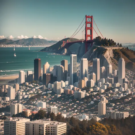 /imagine prompt: "Create a picture with the great sights of San Francisco, california, EUA. Be sure to include the iconic Golden Gate Bridge, with its imposing structure and characteristic red color. Also add the famous island of Alcatraz, with its former ...