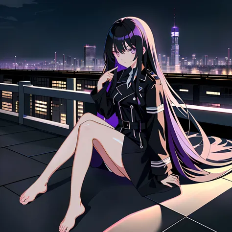 quadratic element，black long straight hair，Purple pupils，Loli，Fourteen years old，a black trench coat，The barefoot，no headwear，soles of feet，Sitting on a gray roof, overcast day，anime style cityscape, modern anime style，Anime moe art style