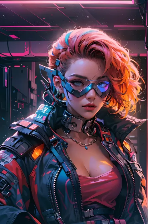 Princesa bonita, cyberpunk, vestida com armadura, Medium sized sword wielding, cabelo laranja curto, hiper realista, rosto bem detalhado, cores vivas, dramatic colors, vaporwave, retrowave, colorido, artódromo, extremamente detalhado, 8000k