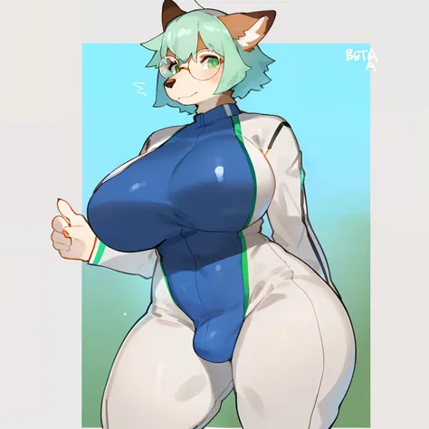 by buta99, by con5710, by bebebebebe, by bigcozyorca, by goonie-san, solo, standing, female, canine, ((snout, hair)), pale green hair, green eyes, plump, thicc, thick thighs, long legs, plump thighs, detailed eyes, glasses, brown fur, silver bodysuit, bulg...