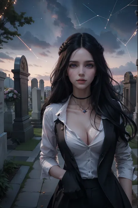 Beautiful woman reminiscent of Yennefer from The Witcher with long black hair and violet eyes bright as constellations, obra prima, ultra qualidade, 8k, cabelos caindo sobre seus ombros, in the background a cemetery, Shes wearing a black suit and tie.........