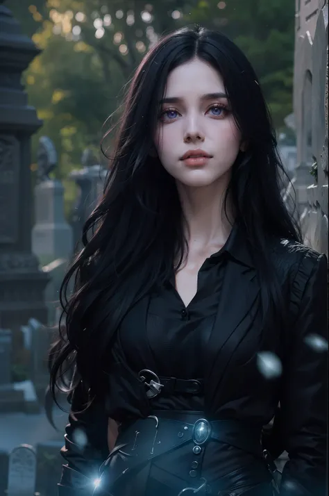 Beautiful woman reminiscent of Yennefer from The Witcher with long black hair and violet eyes bright as constellations, obra prima, ultra qualidade, 8k, cabelos caindo sobre seus ombros, in the background a cemetery, Shes wearing a black suit and tie.........