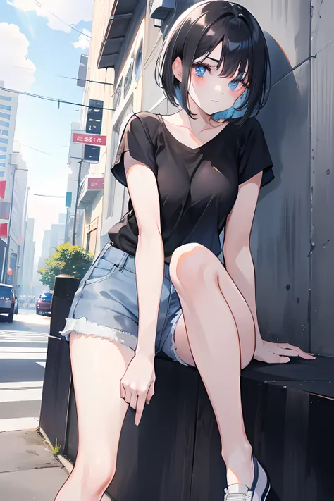 1girl, short black hair, blue eyes, wearing plain white shirt, denim shorts, city, absurdres, high res, ultrasharp, 8K, masterpiece, looking at viewer