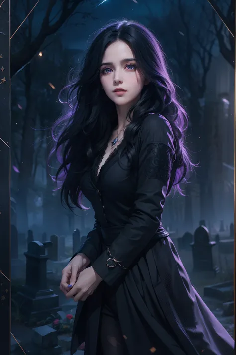 Beautiful woman reminiscent of Yennefer from The Witcher with long black hair and violet eyes bright as constellations, obra prima, ultra qualidade, 8k, cabelos caindo sobre seus ombros, in the background a cemetery, Shes wearing a black suit and tie.........