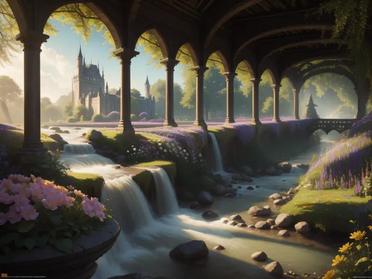 lush flowers, castle, forest, sunny day, bright, stream, trending on artstation, studio photo, intricate details, very highly detailed, 8k, by greg rutkowski chiaroscuro