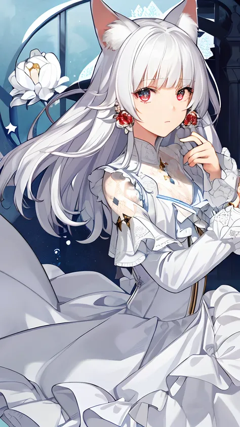 (((Masterpiece))),(((best qualtiy))),((Ultra-detailed)),(illustration),((anextremelydelicateandbeautiful)),dynamic angle,Floating,(beatiful detailed eyes),(detailedlight) (1girll), White-haired and red-eyed loli，white haired Cangcang，Tears in both eyes，His...