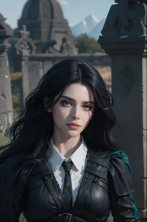 Mulher bonita que lembra Yennefer de The Witcher com longos cabelos pretos e olhos violetas brilhantes, obra prima, ultra qualidade, 8k, cabelos caindo sobre seus ombros, in the background a cemetery, Shes wearing a black suit and tie...........