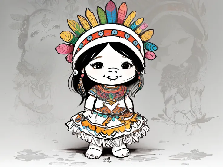 melhorar o desenho dos desenhos animados de uma menina em um vestido nativo e cocar, Retrato da princesa asteca, arte digital detalhada bonito, stylized digital illustration, Chibi, folkloric illustration, advanced digital chibi art, menina chibi, personag...