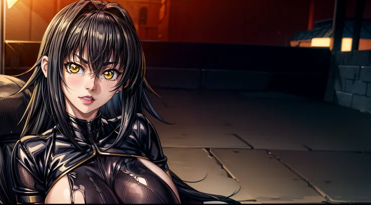 professional artwork, Intricate Details, field of view, sharp focus, detailed painting, photorealistic lighting, trending on pixiv, Standing at attention, black outfit ,yellow collared shirt,black bodysuit,skin_tight,black legwear, black pantyhose, Side_bo...