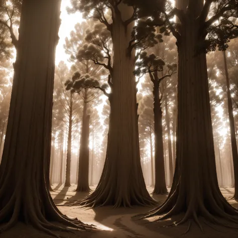 (extremadamente detallado, obra maestra, La mejor calidad, Tono sepia) bosque enorme, Trees with a human face, ruinas. Daytime Lighting.