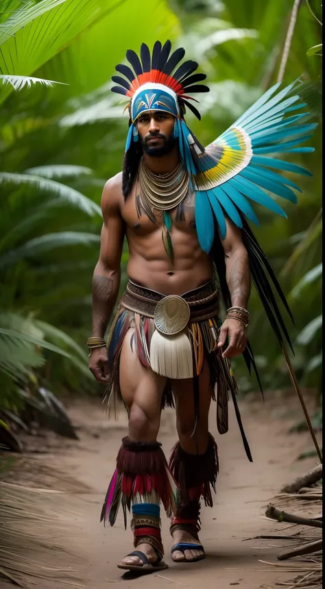 Arafed man in a headdress of macaw feathers walking through a jungle, indigenous man, guerreiro brasileiro, Guerreiro tupi guarani, Indian warrior, amazon indian peoples in brazil, usando armadura tribal, amazon warrior, ayahuasca shaman, warrior hunting, ...