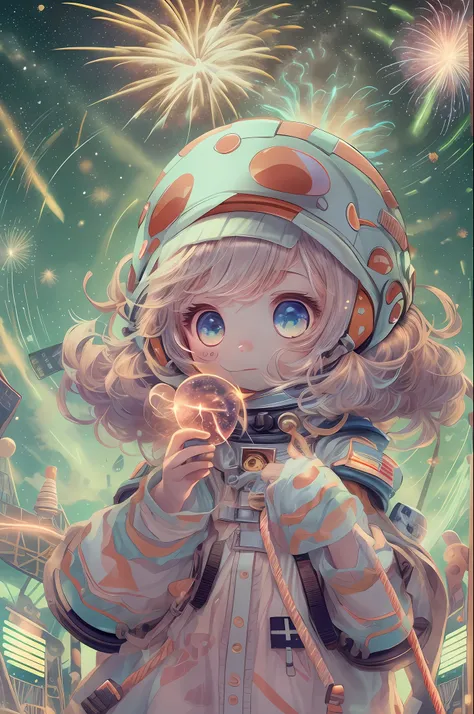 1girl,aerial fireworks, astronaut, aurora, milk way, festival, chibi, Fisheyes, masterpieces, top quality, best quality, official art, beautiful and aesthetic, animation, 8k raw,