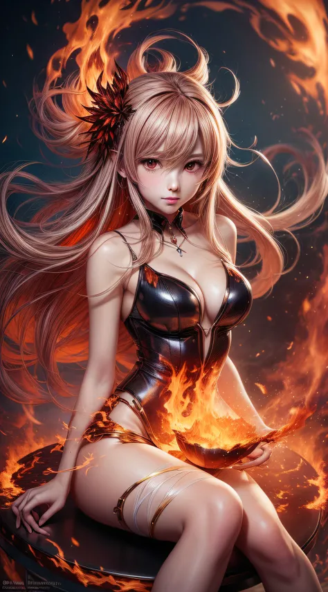 Step into a captivating scene featuring an anime girl seated on a floating platform, as vibrant fire particles ignite the air around her, creating a dazzling and dynamic atmosphere. The creative lighting style bathes her in a radiant, fiery glow, harmonizi...