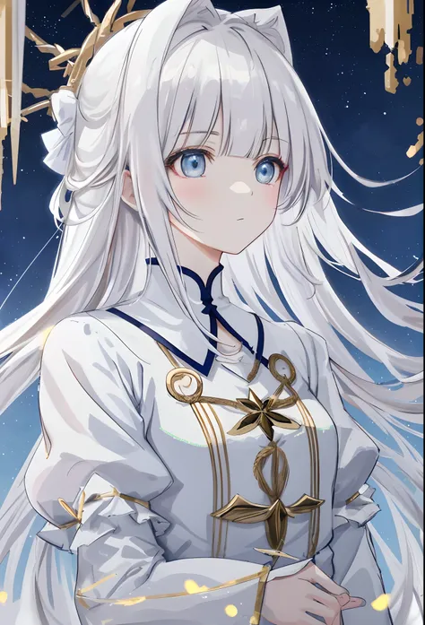 dynamic angle，soft lighting，style of anime，excellent quality。white-haired beauty，unique bangs shape，twisted rope decoration。clos...