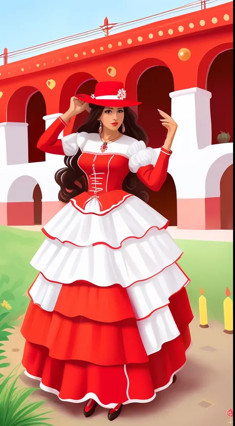 There is a woman in a red and white dress and hat, Folclore mexicano, pintura realista da mulher espanhola, folkloric illustration, inspirado em Oswaldo Viteri, folclore, stylized digital illustration, inspirado em Victor Mosquera, red dress and hat, Mulhe...