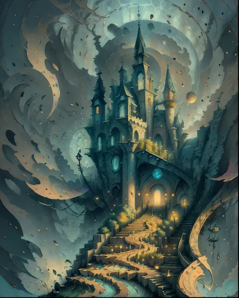 there is a flowered staircase leading to a castle with a sky background, dreamy atmosphere and drama, baroque digital painting, ...