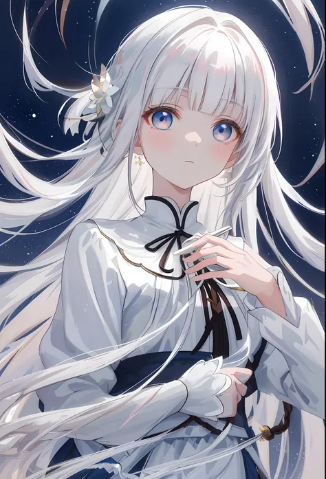 dynamic angle，soft lighting，style of anime，excellent quality。white-haired beauty，unique bangs shape，twisted rope decoration。clos...