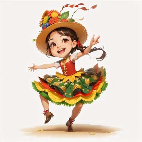 "garotinho, sorrindo, Dancing, traje de festa junina, estilo de desenho animado"