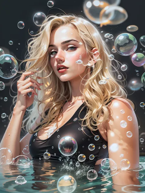 blonde woman with long wavy hair, wearing black bathing suit, with long black hair, surrounded by soap bubbles, in swimming pool, realistic style image, Surrounded by Vector VibraPrint Ready t-shirt design, white background, side view, label, clean white b...