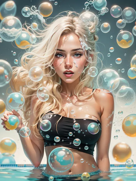 blonde woman with long wavy hair, wearing black bathing suit, with long black hair, surrounded by soap bubbles, in swimming pool, realistic style image, Surrounded by Vector VibraPrint Ready t-shirt design, white background, side view, label, clean white b...