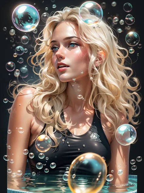 blonde woman with long wavy hair, wearing black bathing suit, with long black hair, surrounded by soap bubbles, in swimming pool, realistic style image, Surrounded by Vector VibraPrint Ready t-shirt design, white background, side view, label, clean white b...